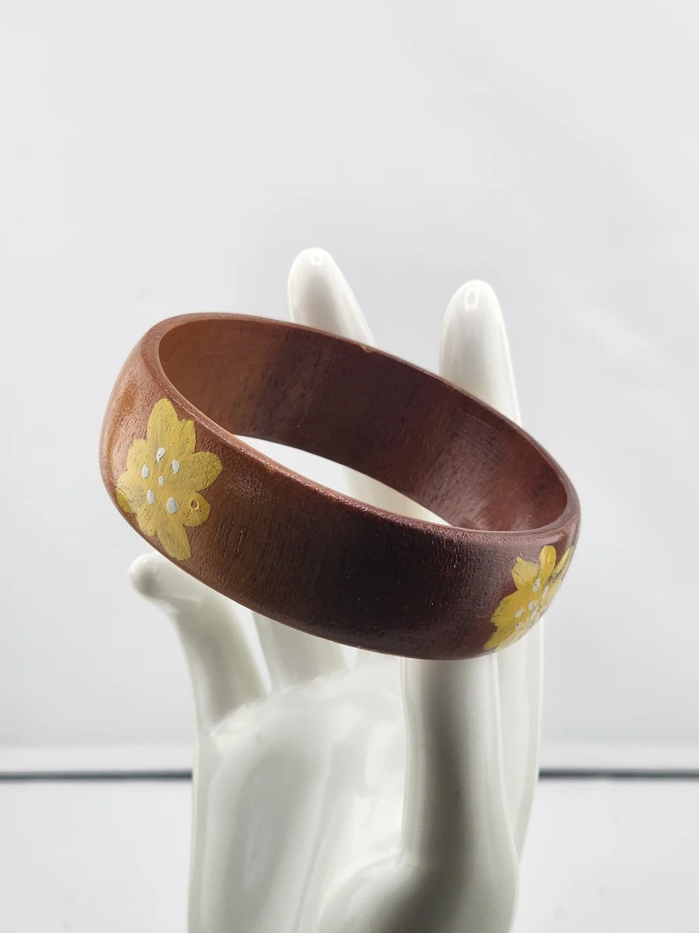 7.5in Hand-Painted Brown Wood Bangle with Yellow Floral Accents